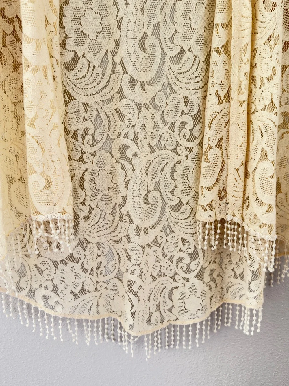 Espresso Cream Floral Lace Kimono Robe with Beaded Fringe